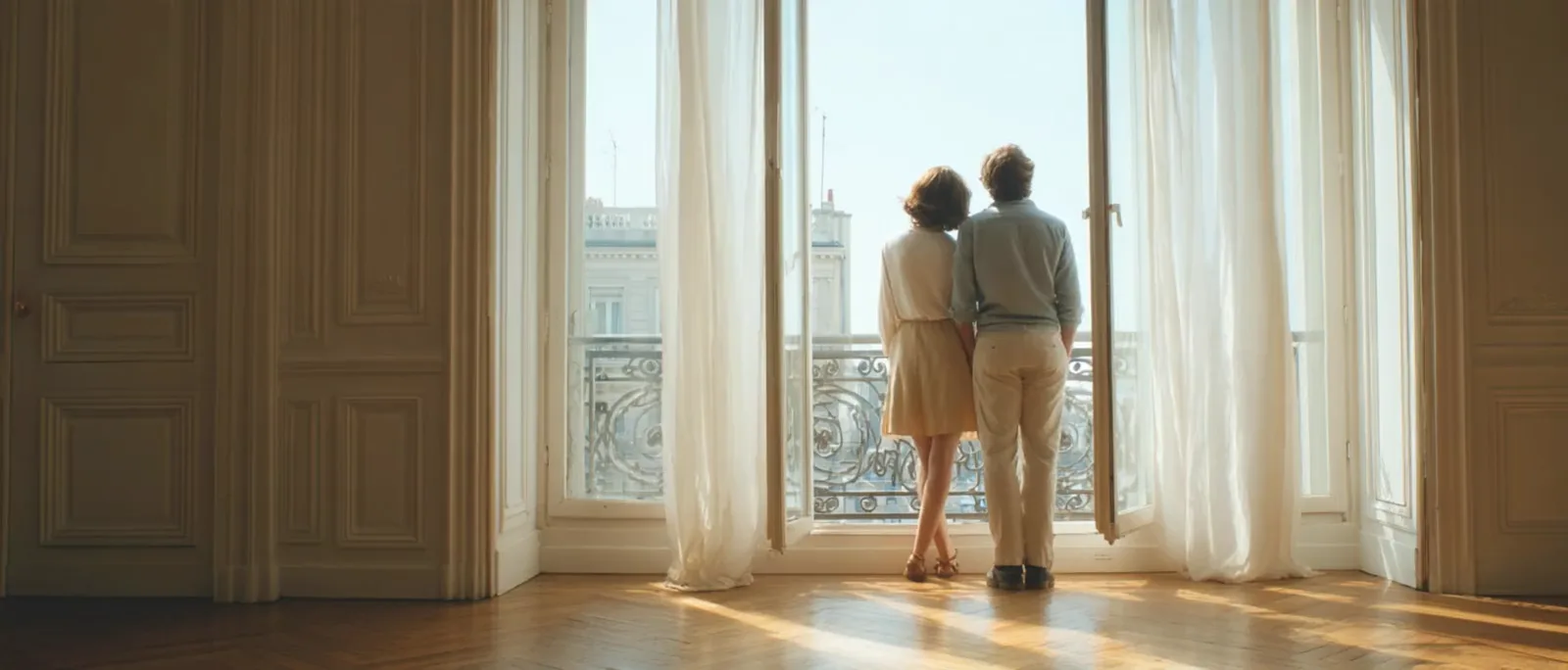 Two people standing side by side at a tall window, seen from behind